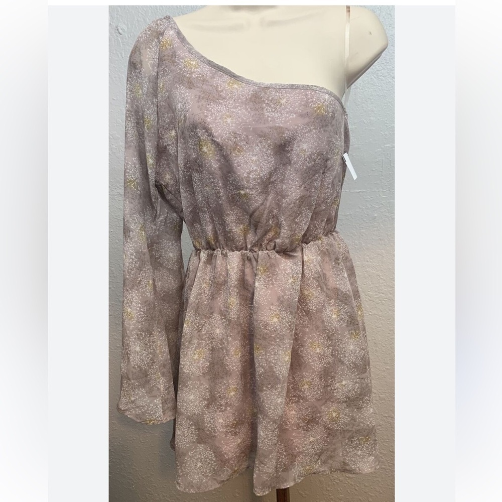 Crimson & Clover One Shoulder Taupe Starburst Blouse or Mini Dress size Medium